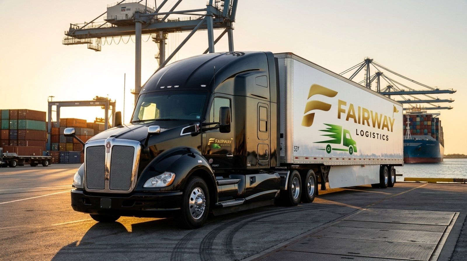 Fairway truck at port at sunset